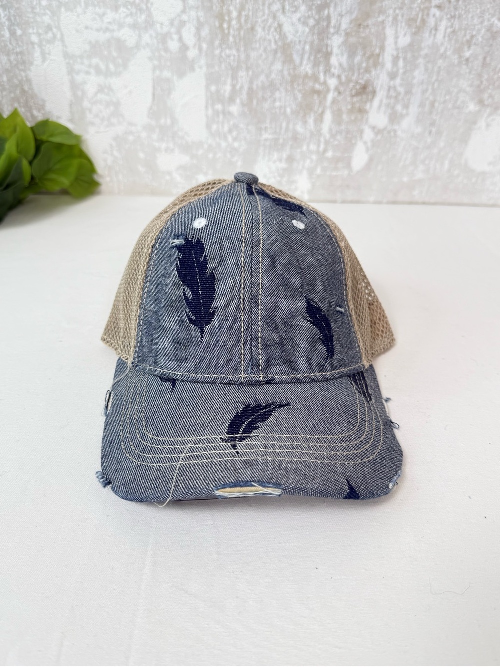 C.C Distressed Denim Feather Ponytail Trucker Hat NWT